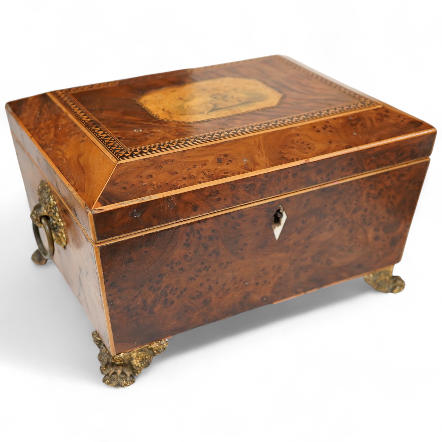 A Regency inlaid burr yew sarcophagus work box, 22cm